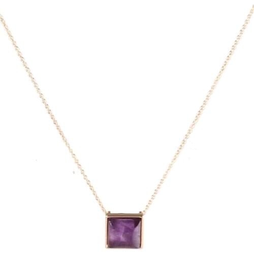 FYJS Unique Light Yellow Gold Color Square Shape Amethysts Stone Pendant Black Agates Necklace Fashion Jewelry