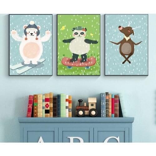 Kawaii Wall Art Canvas Nursery Poster Print Cartoon Bear Panda Fox Painting Nordic Kids Decor Picture Baby Living Room Decor