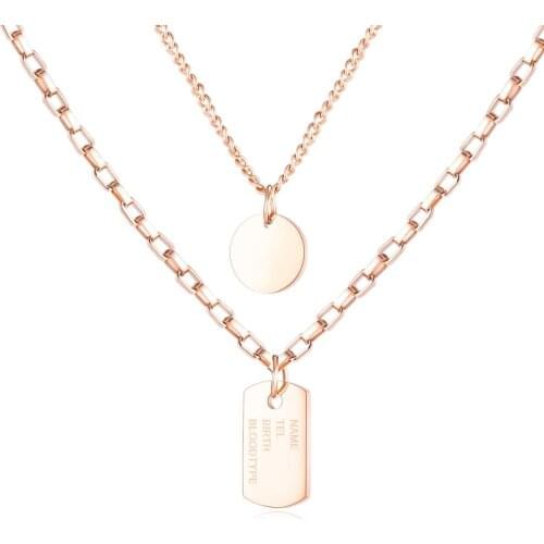 Fashion rose gold Square round pendant necklace women Stainless steel double chain jewelry accessories gifts regalos para mujer