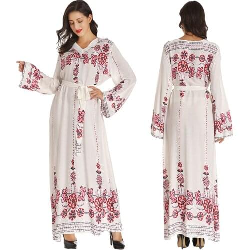 Muslim Women Abaya Floral Print Long Sleeve Maxi Dress Robes Islamic Kaftan Jilbab Chiffon Caftan Party Gown Abayas V Neck Dubai