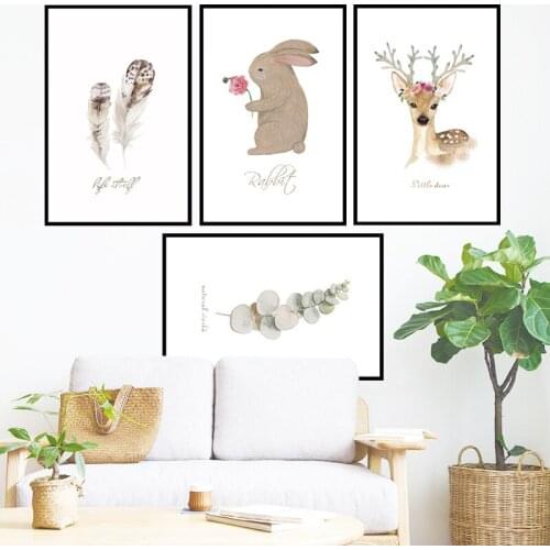 Nordic Style Wall Stickers Living Room Decoration Aesthetics Waterproof Poster Simple Elk Rabbit Leaf Sofa TV Backdrop Mural