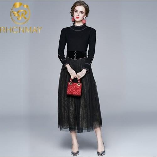 2020 Autumn and winter Sweater and Skirt Suits New Retro O-neck Pullover Knitted Tops and Mesh Skirts Sets