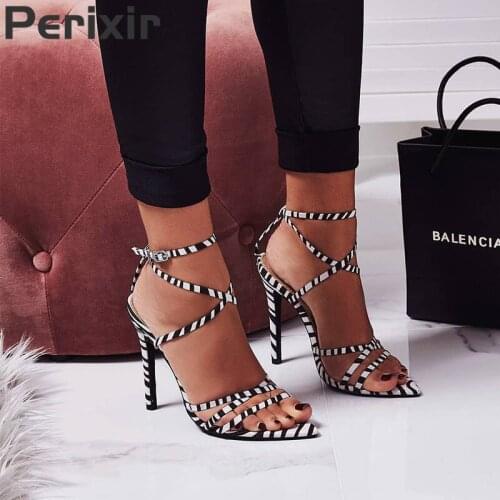 Perixir Women flock zebra pattern High heel sandals sexy party night club new arrival heeled strap fashion women heeled shoes