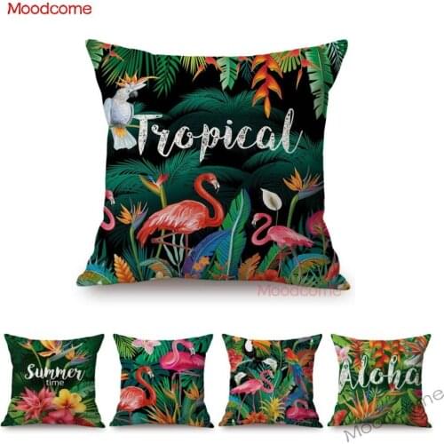 Summer Flamingo Birds Jungle plants Flower Art Sofa Throw Pillow Cover Tropical Rain Forest Palm Leaf Bird Linen Cushion Cover