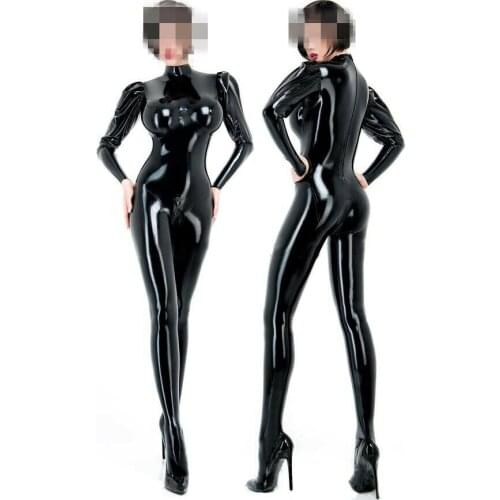 Handmade Women Black Latex Fetish Catsuit 3D Breast Long Puffed Sleeves with Back Crotch Zipper Plus Size