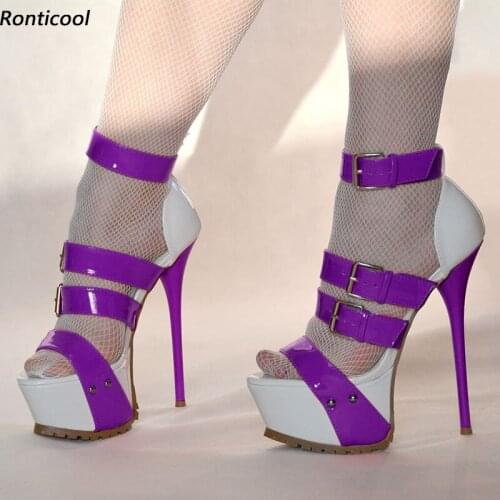 Ronticool Hot Women Platform Sandals Patent Sexy Stiletto Heels Open Toe Gorgeous Purple Black White Dress Shoes US Size 5-20