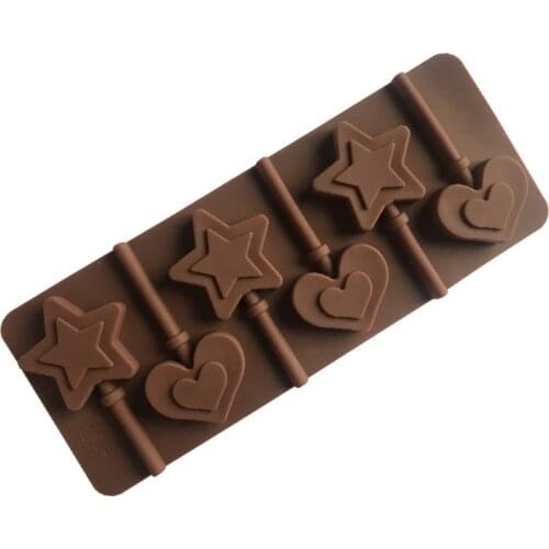 6 Cavity Double Layer Heart Five-pointed Star Silicone Lollipop Mold Chocolate Sugar-tablet Mode with 6 Rod