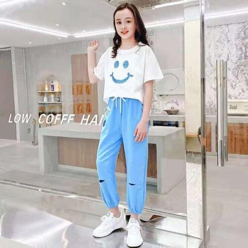 Summer Kids Baby Girls Clothes Set Child Tops T Shirt + Sweatsuit Pants Teenager Face Tracksuit 5 6 7 8 9 10 11 12 13 14 Years