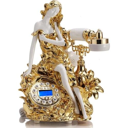 Button Dial Vintage Beautiful Girl Landline Telephone Corded Phone with Caller ID, Blue Screen, Handsfree for Home, Silver, Gold