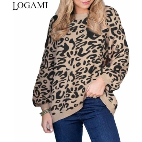 LOGAMI Leopard Knitted Sweater Winter Animal Print Winter Thick Long Sleeve Female Pullovers And Sweaters Casual Tops