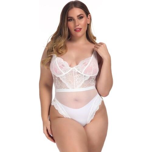 Plus Size Lingere European Clothing Cute Underwear Set One-piece Sexy Bodysuit Hollow Lace Strap Rose Perspective Clothing