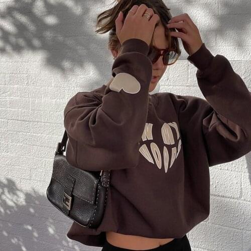 Vintage Y2K Brown Autumn Women Sweatshirts 90s Aesthetic Harajuku Pullover O Neck Cute Loose Sweatshirt Tops Clothes