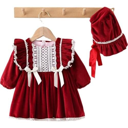 Winter Wear Baby Girls Christmas Set Kids Dresses Thicken Velvet Red Clothes with Hat for New Year