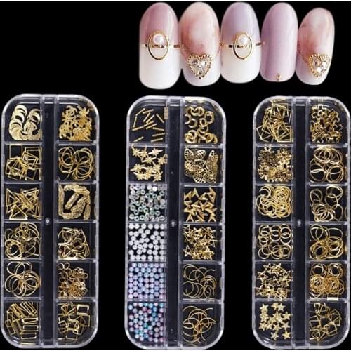 Nail Art 3D Decorations Gold Silver Hollow Metal Nail Rivets Cross Star Triangle Square Studs DIY Nail Decoration Body Art