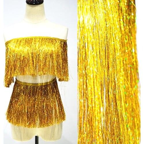 Laser Gold Fringes Tassel Shining Dazzling Lace For Samba Dance Dress Macrame Trimming Lace Polyester 20CM Long