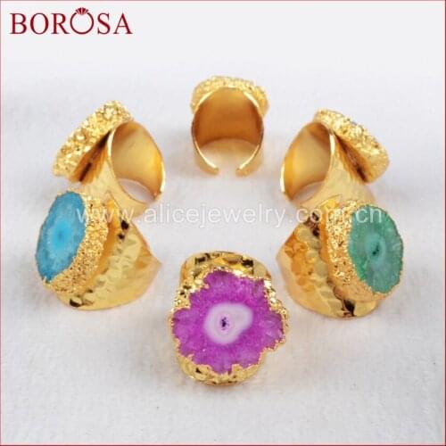 BOROSA Free Shipping Gold Color Rainbow Flower Solar Quartz Band Ring Natural Crystal Druzy Drusy Geode Band Ring G0308