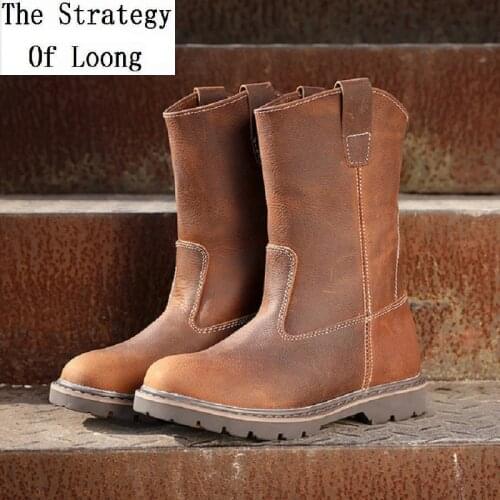 Spring Autumn Retro Genuine Leather Mid-Calf Men Boots Slip-On Male Real Leather Work Safety Shoes Motorcycle Half Boot 20190510