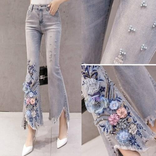 Summer Spring Casual Korea Womens High Waisted Embroidery Floral Irregular Tassel Denim Trousers , Woman Pearls Jeans Pants