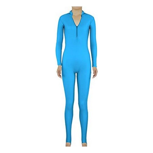 Kid Adult Turquoise Blue Front Zipper Mock Neck Zentai Costume Dancewear Unitard Bodysuit No Hood & Hands feets