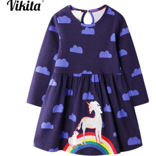 VIKITA Children Unicorn Appliqued Cotton Dress Girls Autumn Winter Spring Vestidos Girls Long Sleeve Dress Children Clothing
