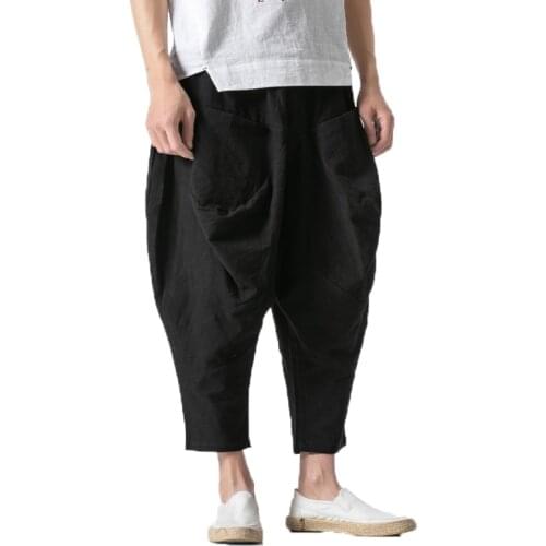 Men Baggy Pants Big Crotch Trousers Elastic Waist Harem Pants Wide Legs Men Unsiex Hiphop cotton Line track pants Plus Size