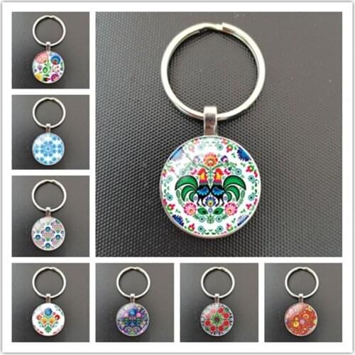 Polish folk art pattern glass round pendant keychain, car decoration pendant keychain, gifts for friends