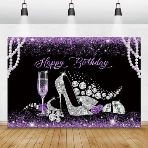 Laeacco Birthday Photozone Purple Glitters Pearl High Heels Diamond Champagne Custom Photography Backdrops Photo Backgrounds