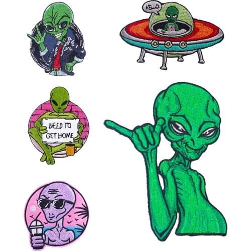 Cute Alien Ufo Patch Stripes Heat-Adhesive Fusible Sewing Embroidery Patch Embroidered Patches For Clothing Accessories Applique