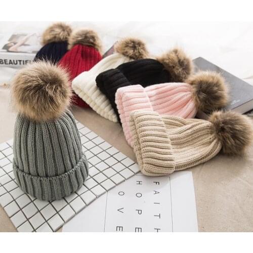 Fashion Hairy Big Ball Women Children Korean Style Caps Knitted Wool Warm Winter Autumn Thick Hats For Lady Kids Artificial Caps