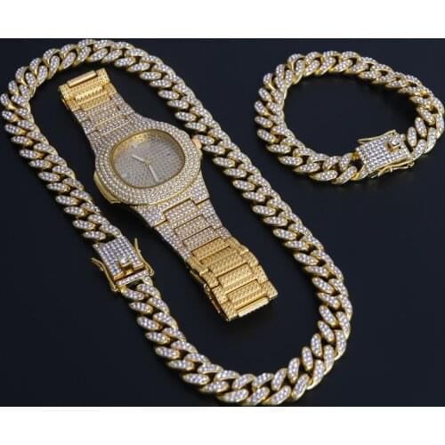 Gold Necklace +Watch+Bracelet Hip Hop Miami Cuban Chain Iced Out Paved Rhinestones CZ Bling Rapper For Men Jewelry New