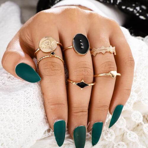 Docona 6pcs/set Antique Gold Evil-Eye Heart Black Rhinestone Rings Set for Women Knot Midi Joint Ring Anillos Jewelry 14353