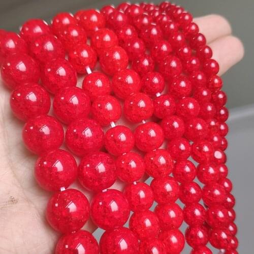 Natural Red Snow Cracked Crystal Glass Round Loose Quartz Beads for Jewelry Making DIY Bracelets Accessories 15'' 6/8/10/12mm