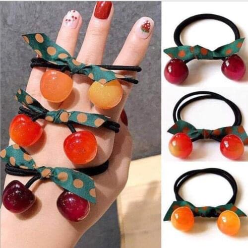 New Cute Bow Cherry Double Layer Rope Elastic Hair Bands For Girl Fashion Scrunchie Women Ponytail Holder Hair Ties Accessories
