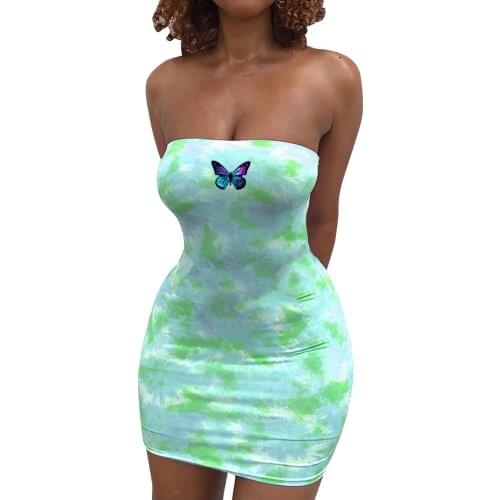 Strapless Bodycon Vestidos Sheath Bandage Above Knee Sexy Off Shoulder Butterfly Tie Dyeing Printing Sleeveless Mini Dress