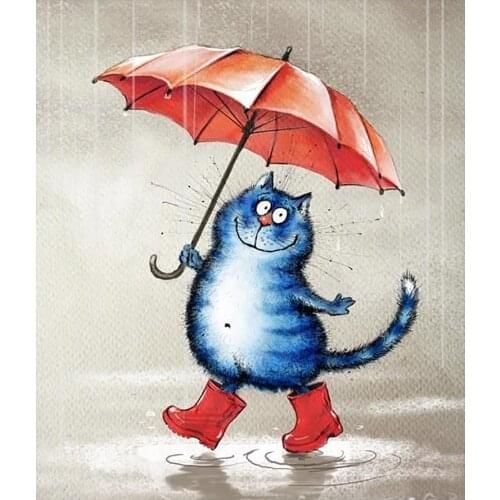 Blue Cat Holding An Umbrella in the Rain Diamond Painting Round Full Drill Cartoon DIY Mosaic Embroidery 5D Cross Stitch Gifts