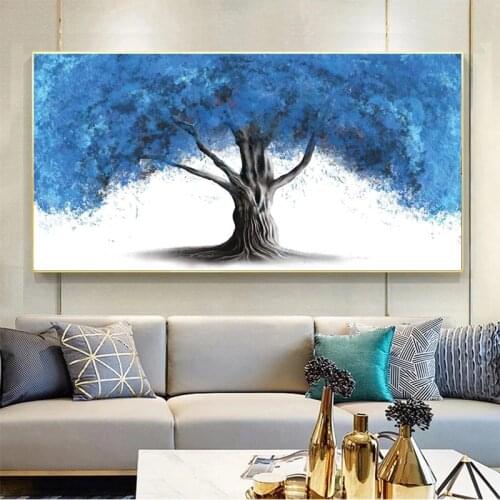 Nordic Abstract Blue tree of Life Oil Painting on Canvas Wall Art Posters Prints wall Picture for Living Room Home Cuadros Decor