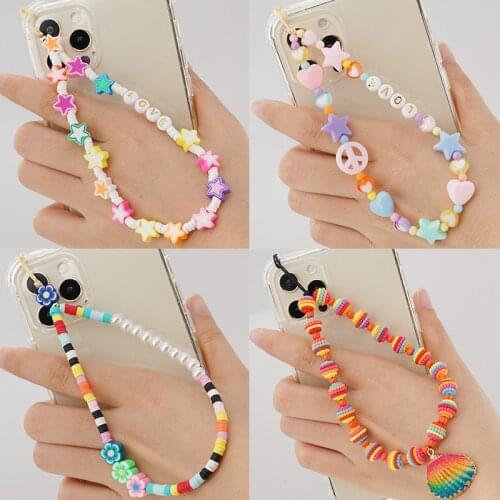 Woven Beaded Anti-lost Phone Chain Fruit Rainbow Soft Ceramic Lanyard Charm Strap Mobile Hanging Cord for Girls phone charm