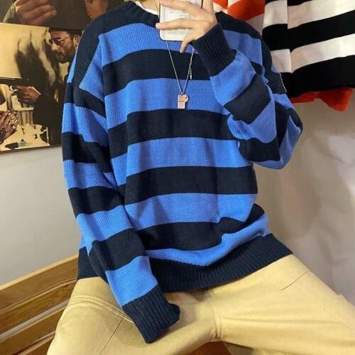 2020 Fashion Spring Autumn Men Clothes O-neck Spliced Striped Sweater Korean ins student handsome loose Knit Thick Warm pullover