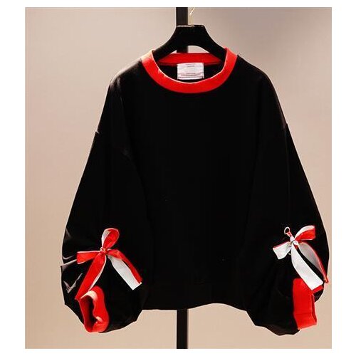 Lace Up Bow Tie Bat Long Sleeved Sweatshirt Girl Ladies 2021 Spring Autumn New Fashion Loose Lantern Sleeve Pullover Coat Hoodie