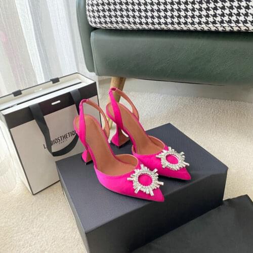 Luxury New Women Pumps Silk Satin Pointed Toe Rhinestone Crystal High Heels Woman Wedding Dress Pumps On Cup Heeled Mules