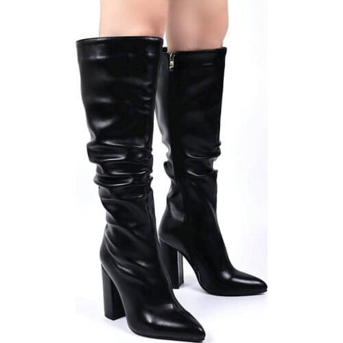 Fashion Pleated Knee Boots Ladies New Autumn Winter Warm Pointed Thick Heels Female Zipper Large Size Non-Slip Knight Boots