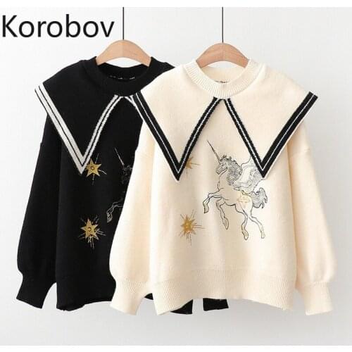 Korobov Autumn New Outerwear Contrast Color Embroidery Long Sleeve Jumpers Casual Loose Tops Preppy Style Sweater Women Japanese