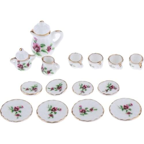 1:12 Miniature 15PCS Porcelain Tea Cup Set with Golden Trim Dollhouse Kitchen Accessories