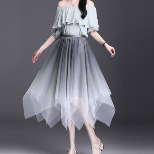 Irregular Layered A-line Gradient Tulle Long Skirts Female