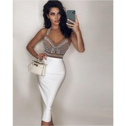 Beading Color Patchwork Sexy Halter Sleeveless Women Summer Party Dress Casual Bodycon Streetwear Robe Nightclub Vestidos H1074