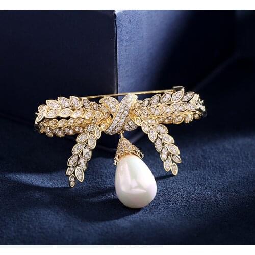 Vitage Baroque Wheat Bowknot Zircon Brooches for Women with Drop Pearl Brooch Pin Coat Dress Corsage Scarf Sweater Accessories