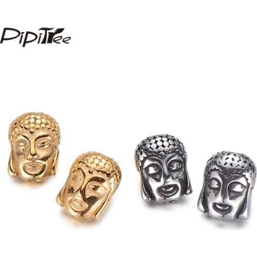 Pipitree 4pcs/lot Stainless Steel Buddha Head Beads Vintage Silver Gold Color Spacer Beads Charms Religious Bracelet DIY Jewelry
