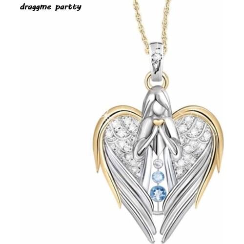 1pc Gold Sliver Crystal Rhinestone Heart-shaped Design Angel Wings Sweater Chain Pendants Necklaces For Women Angle Girl Gift