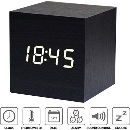 Cube Wooden Clock LED Digital Alarm Clock Electronic Table Watch Voice Control No Radio Nixie Clcok For Children Kids