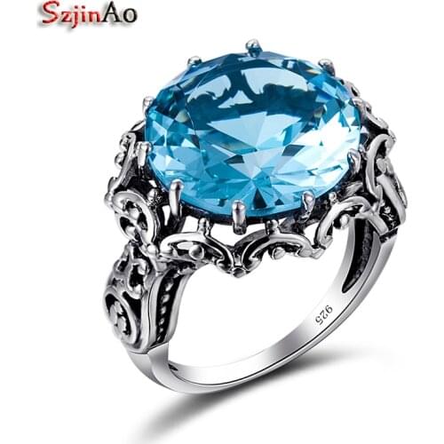 Szjinao Fashion 925 Sterling Silver Big Signet Rings For Women Blue Austrian Aquamarine Vintage Party Jewelry Femme Wholesale